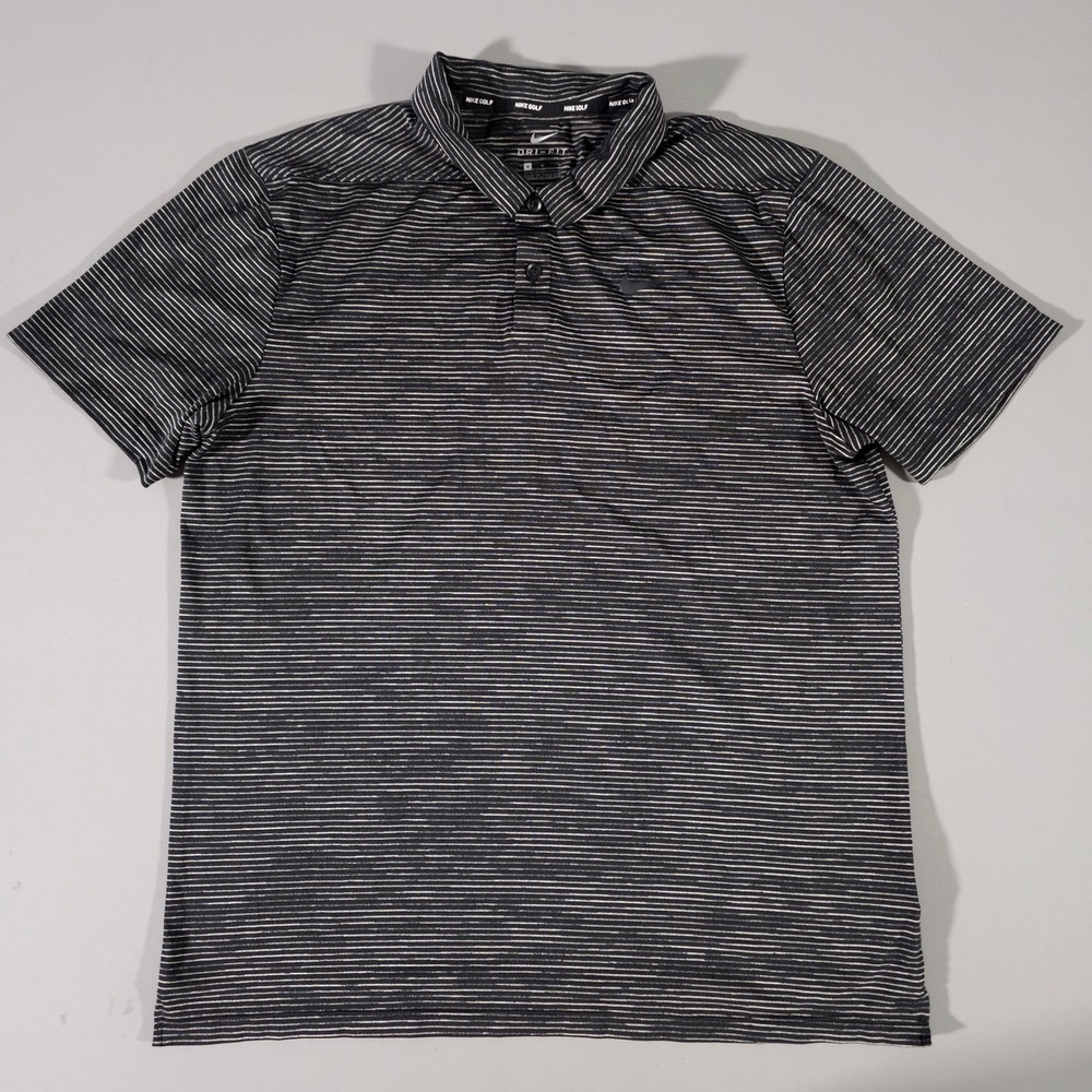 Nike Polo Shirt Mens M Black Tiger Woods Dri-FIT Striped Golf 932196-010